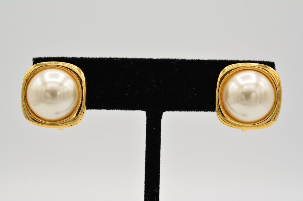Napier Vintage Clip On Earrings Screw Back Pearl Round Gold Signed 1980s BinZ